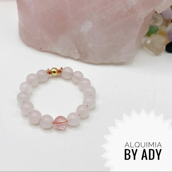 Pink and Rose Quartz beaded gem ring - Picture 2 of 3